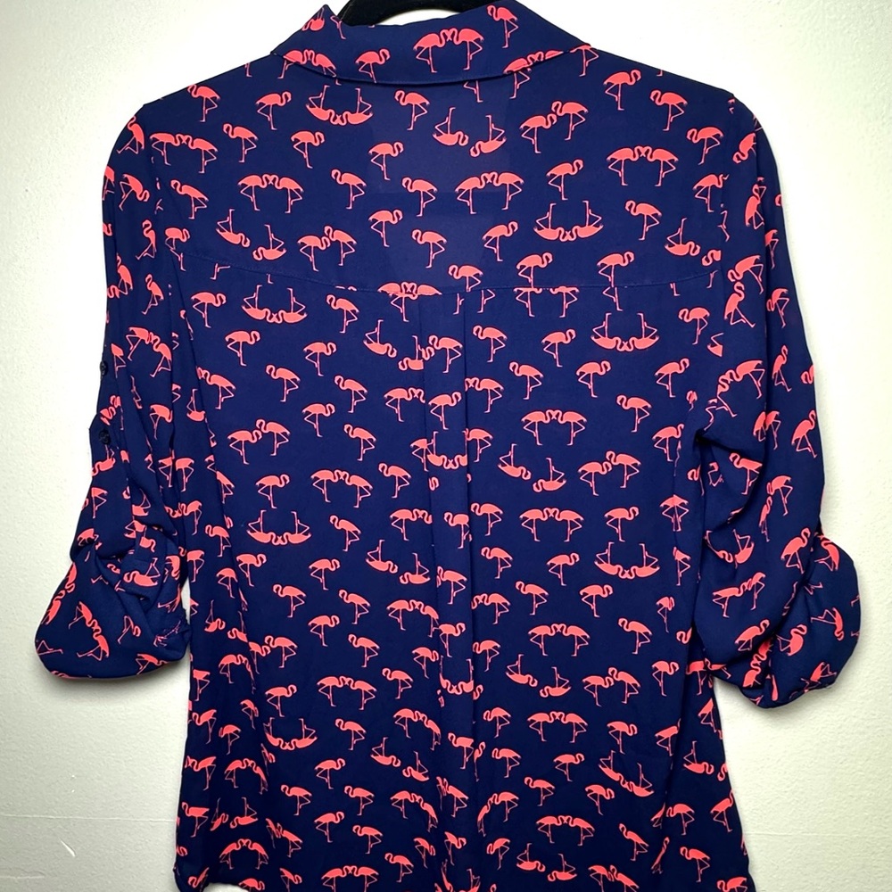 Express Portofino Flamingo Print Blouse XS | Navy Pink Button Front - Picture 6 of 6